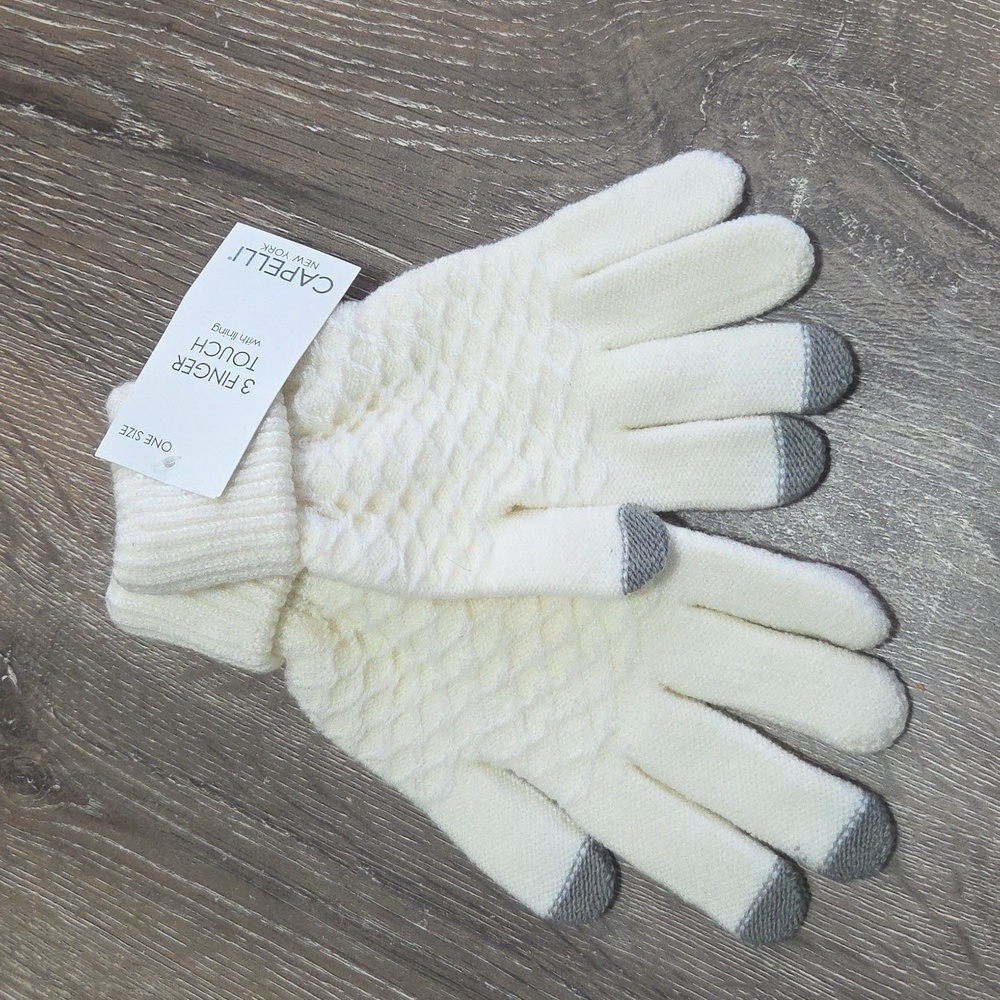 NEW Capelli New York Cream 3 Finger Touch With Lining Quilted Waffle Knit Gloves